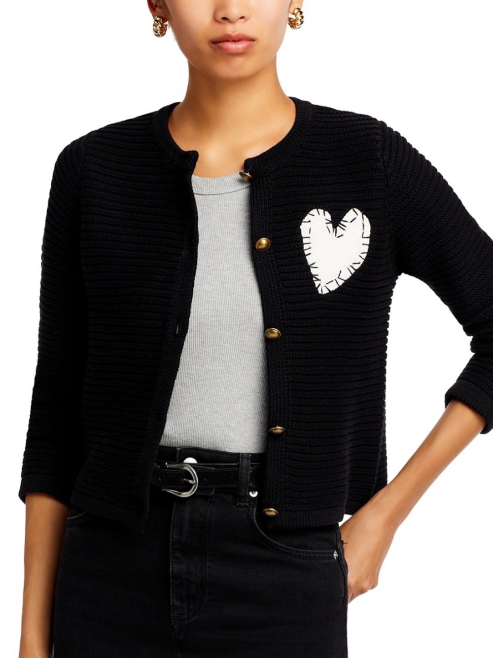 Alice + Olivia Black Knit Cardigan with White Heart Patch